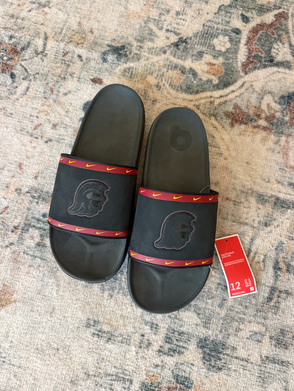 Nike Black Slide Sandals with Maroon and Yellow Accents